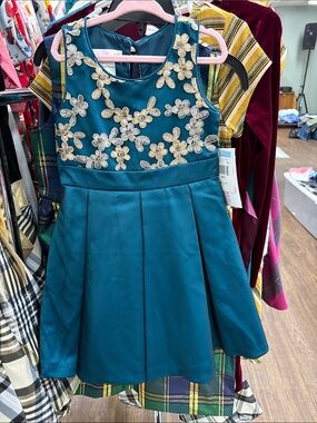 Bonnie Jean Teal Dress with Gold Floral Appliqué